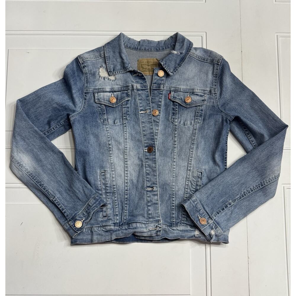 Levis Jean Jacket Womens Small Blue Light Was Denim Premium Trucker Distressed - Picture 1 of 9